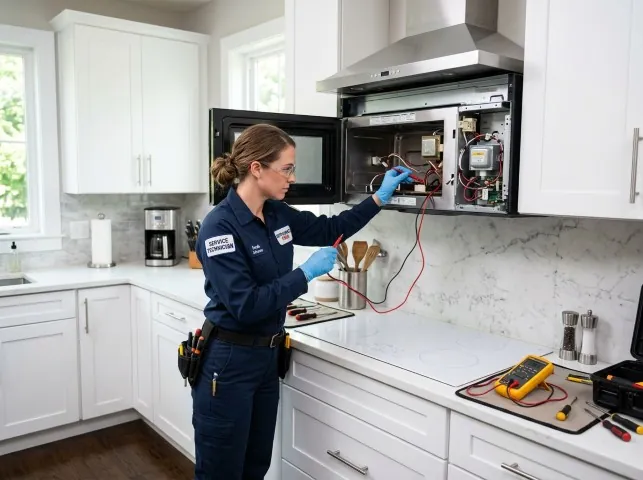 Appliance Repair Hero technician testing an over-the-range microwave in a Atwater, OH kitchen